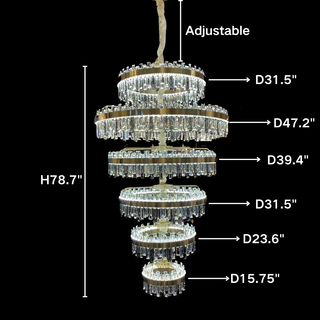 Luxury 6-Tier Ring Crystal Chandelier for High-ceiling