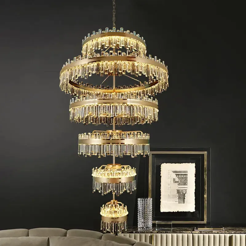 Luxury 6-Tier Ring Crystal Chandelier for High-ceiling