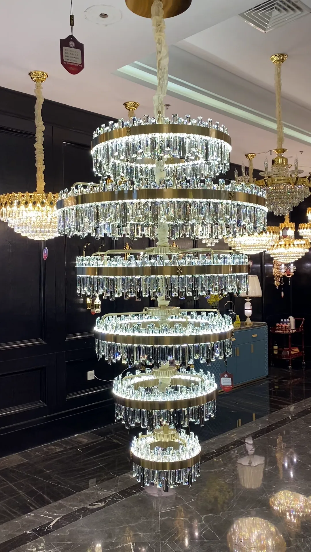 Luxury 6-Tier Ring Crystal Chandelier for High-ceiling