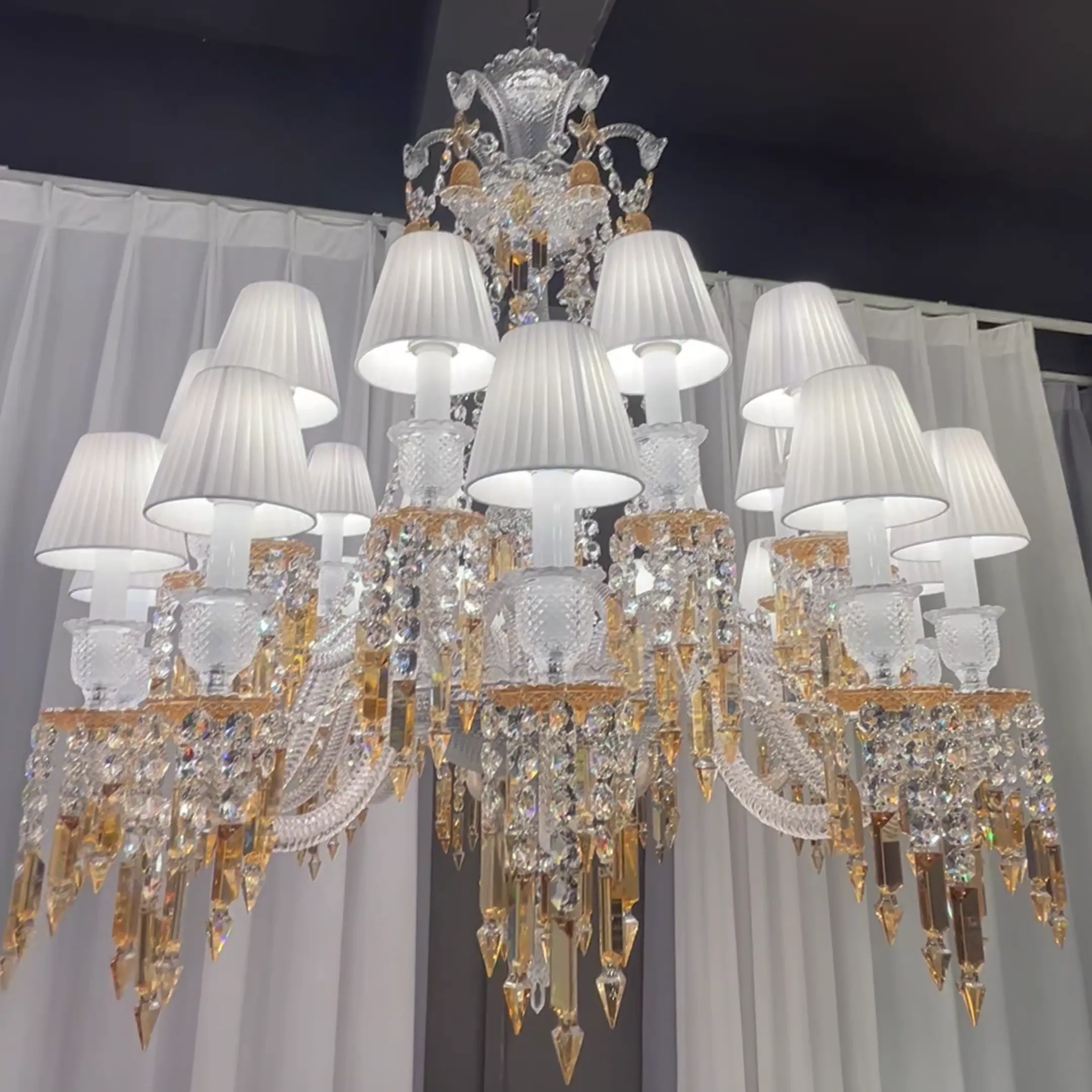 Luxury Large Classic Tiered Yellow Crystal Candle Lampshade Chandelier for High-ceiling Room/Living Room