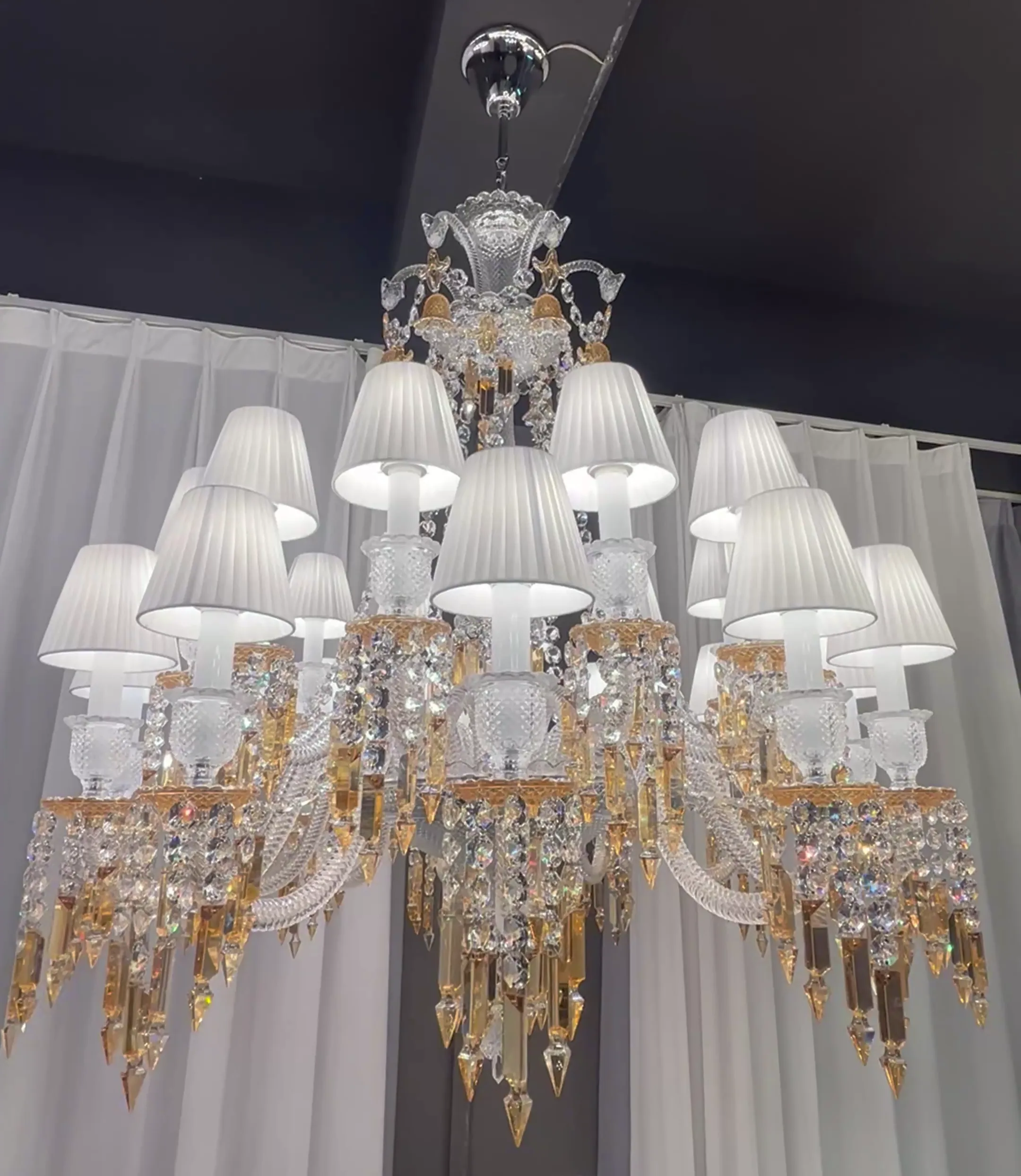 Luxury Large Classic Tiered Yellow Crystal Candle Lampshade Chandelier for High-ceiling Room/Living Room