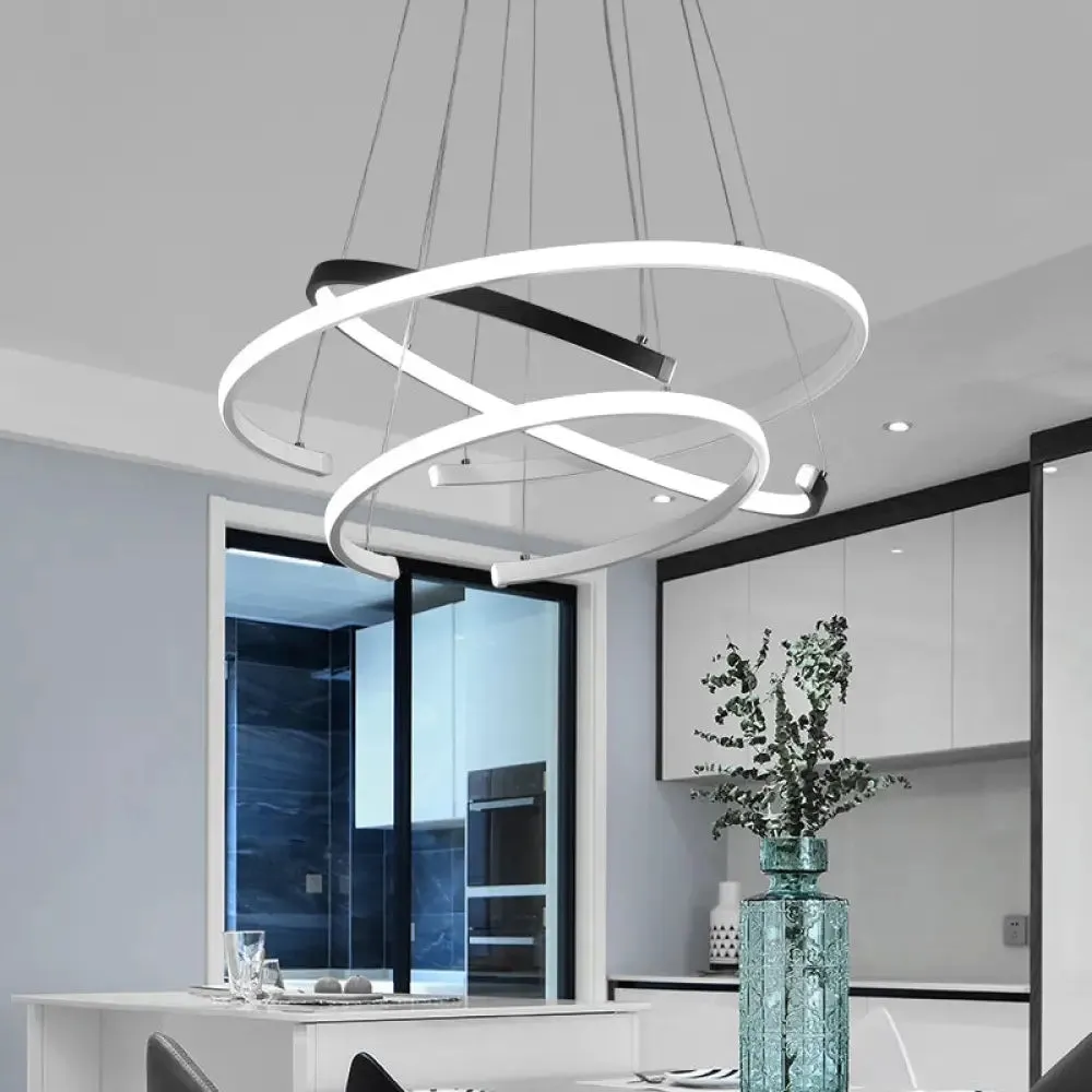 Modern 3-Tier C-Shape Chandelier: Black & White Acrylic LED Hanging Lamp for Living Room