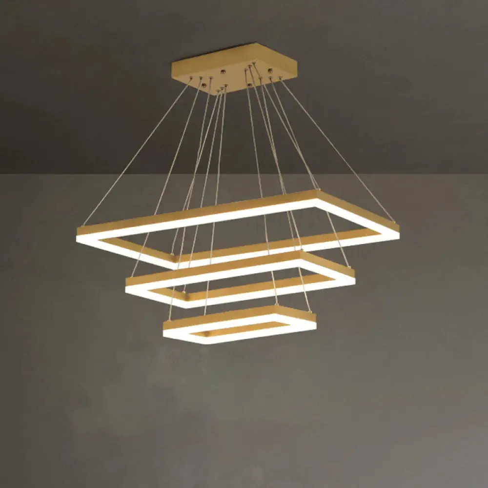 Modern Brushed Gold LED Chandelier - Rectangular Pendant with Tiered Design