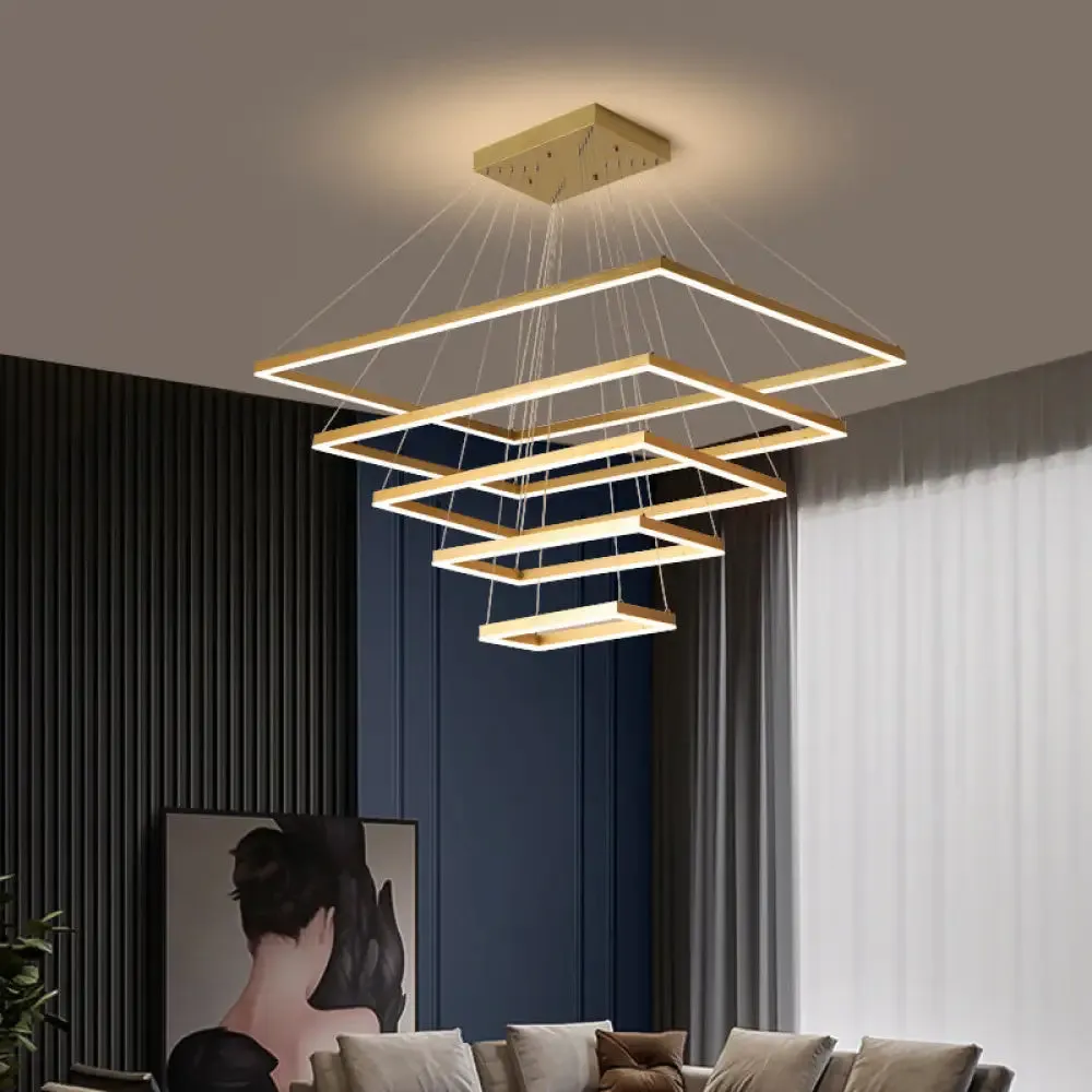 Modern Brushed Gold LED Chandelier - Rectangular Pendant with Tiered Design