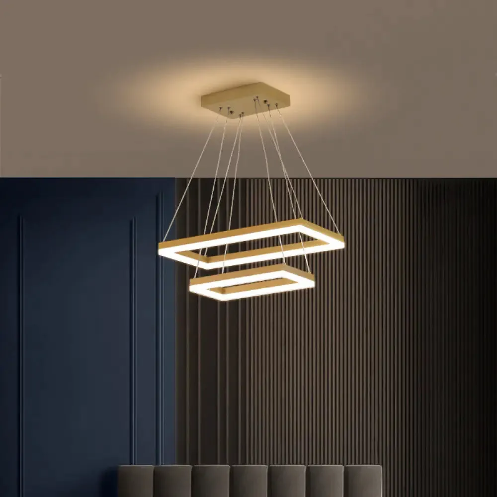 Modern Brushed Gold LED Chandelier - Rectangular Pendant with Tiered Design