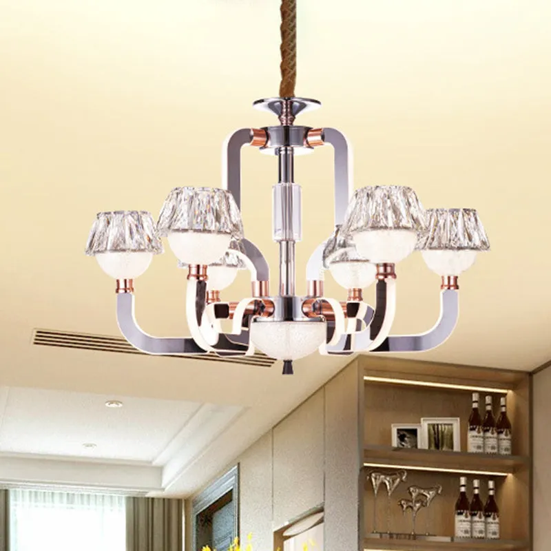 Modern Conical Crystal Chandelier - 6-Light Bedroom Hanging Lamp in Chrome