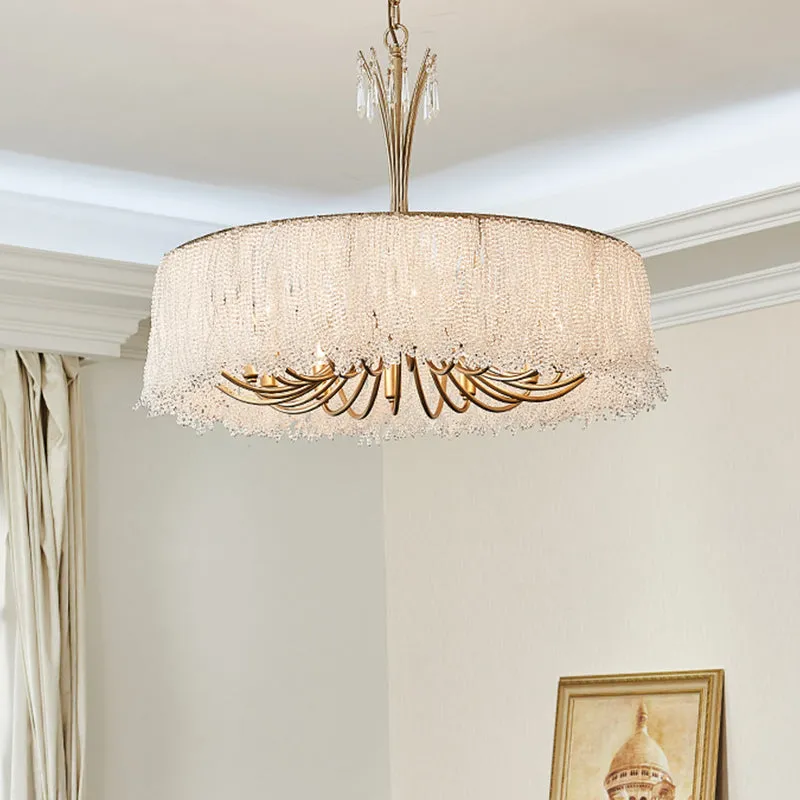 Modern Crystal Chandelier Pendant Light with Gold Tassel Detail for Living Room