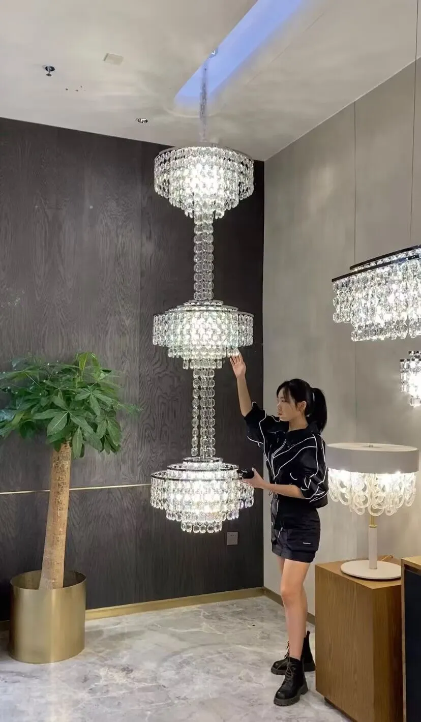 Modern French Elegant Oversized 3-tiered Silver Seashells Long Crystal Chandelier for Staircase