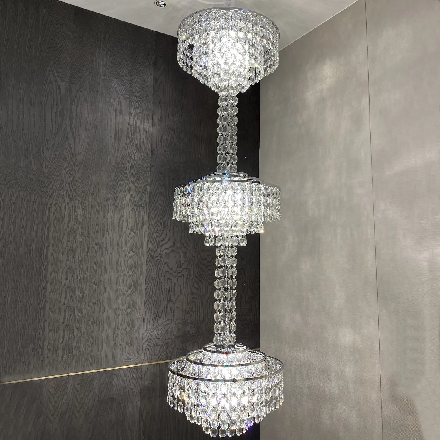 Modern French Elegant Oversized 3-tiered Silver Seashells Long Crystal Chandelier for Staircase