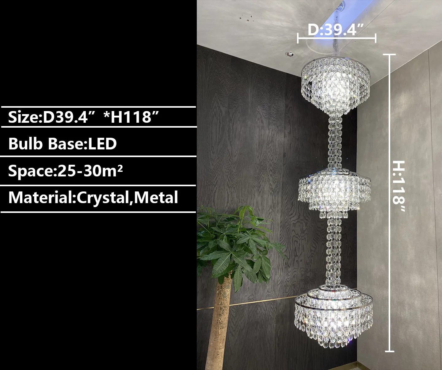 Modern French Elegant Oversized 3-tiered Silver Seashells Long Crystal Chandelier for Staircase