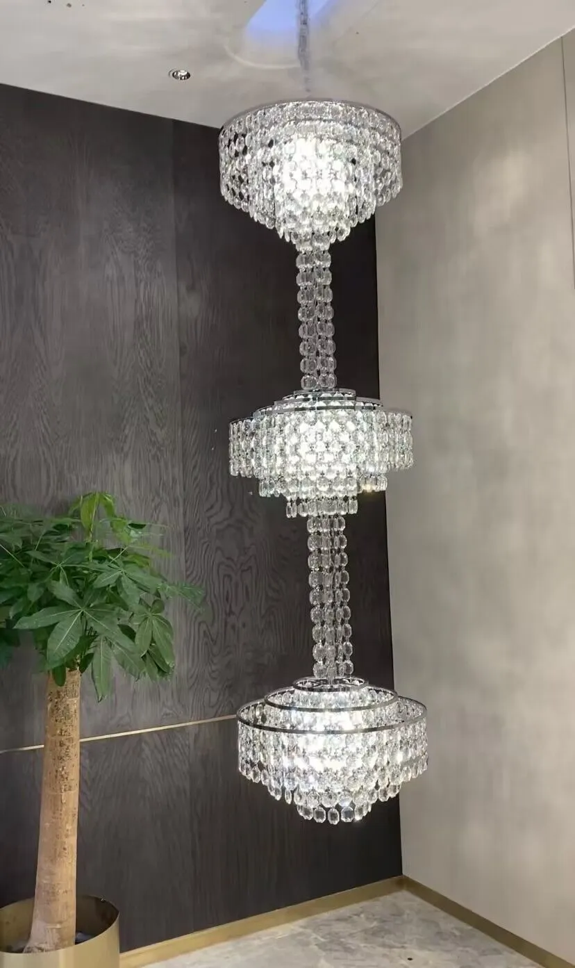 Modern French Elegant Oversized 3-tiered Silver Seashells Long Crystal Chandelier for Staircase