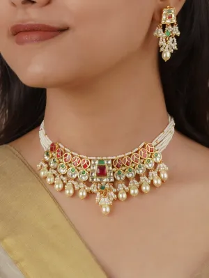 Multicolor Gold Plated Jadau Kundan Necklace Set - MS2149M