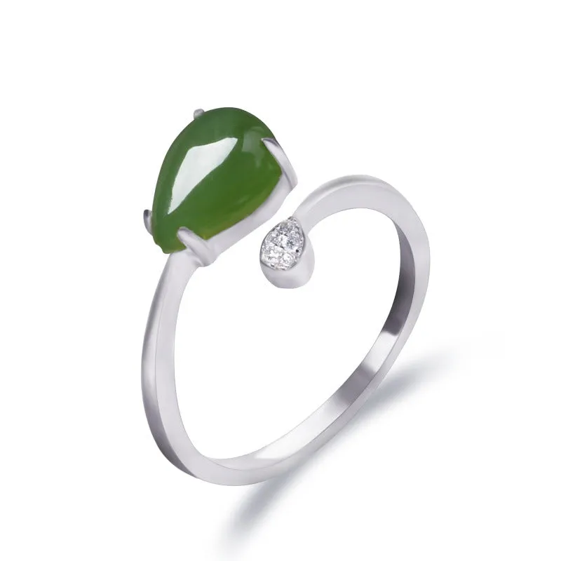 Natural Jade Ring Nephrite Silver Zircon Adjustable Ring ZNRG144