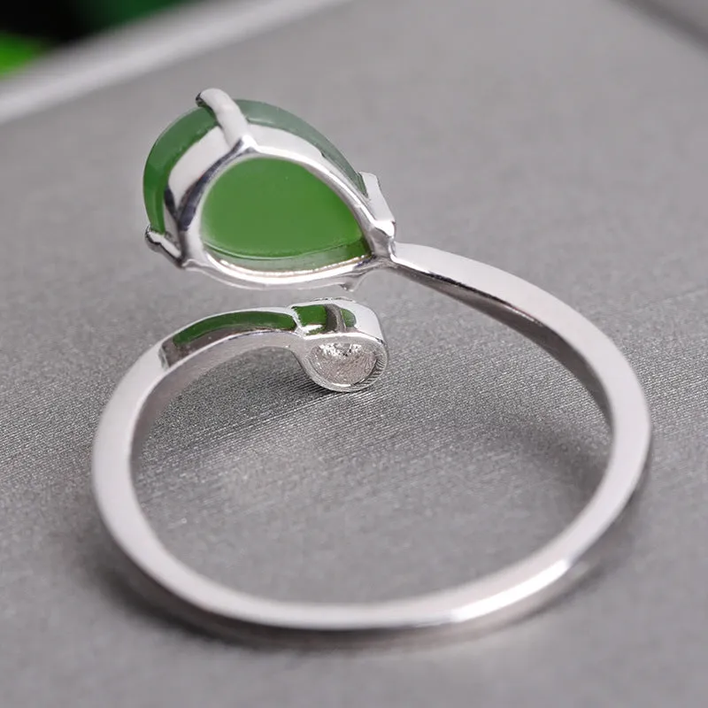 Natural Jade Ring Nephrite Silver Zircon Adjustable Ring ZNRG144