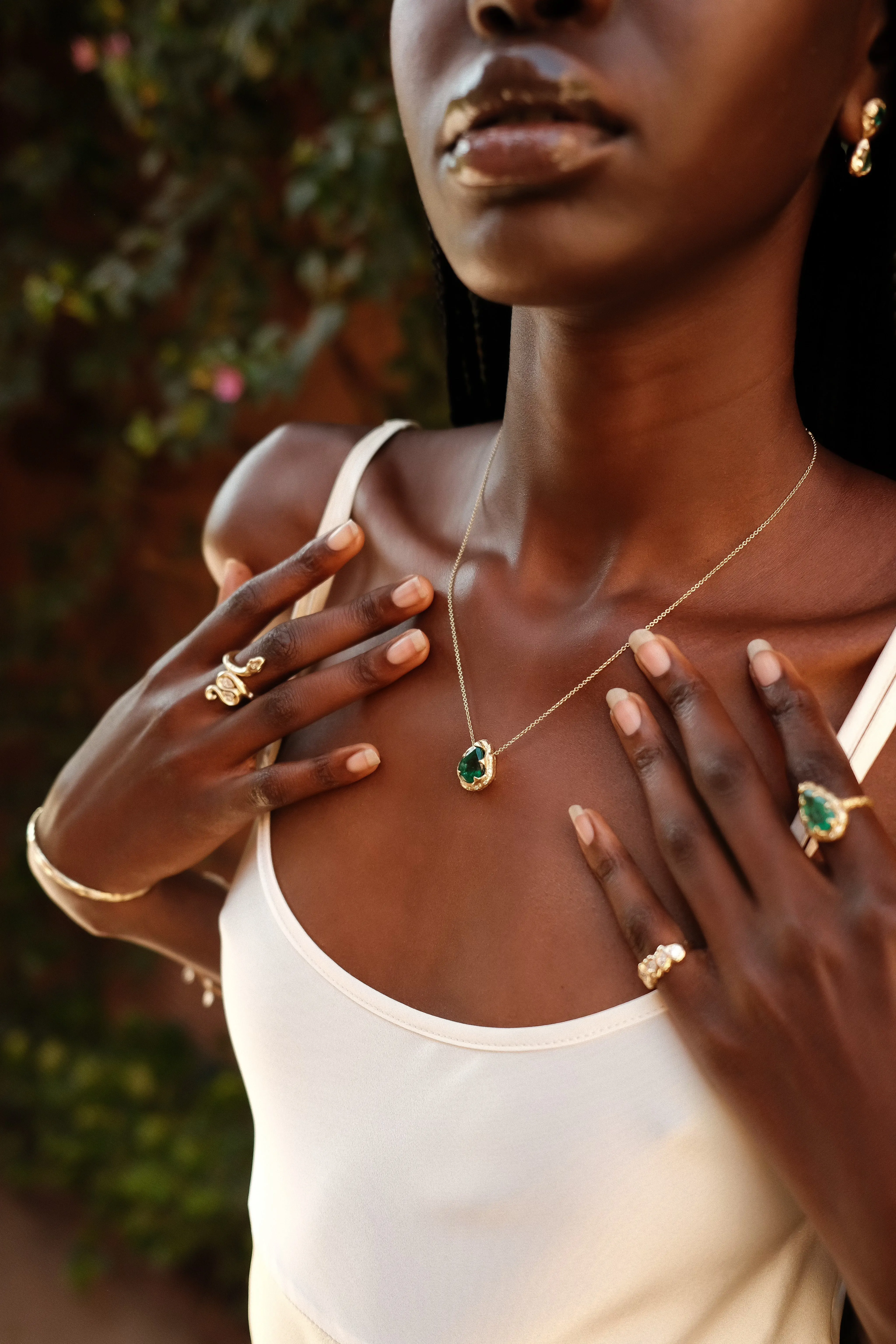 One of a Kind Classic Queen Premium Emerald Water Drop Necklace with Sprinkled Halo | Ready to Ship