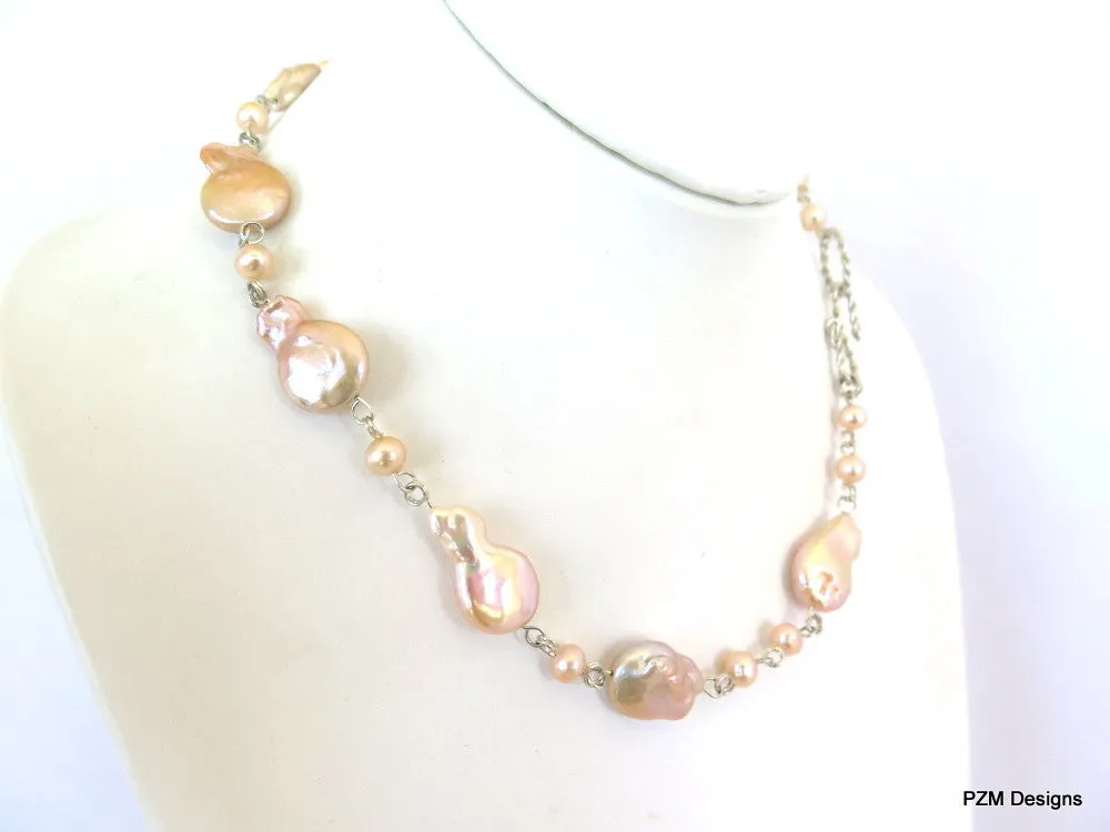 Peach baroque pearl strand, bridal jewelry