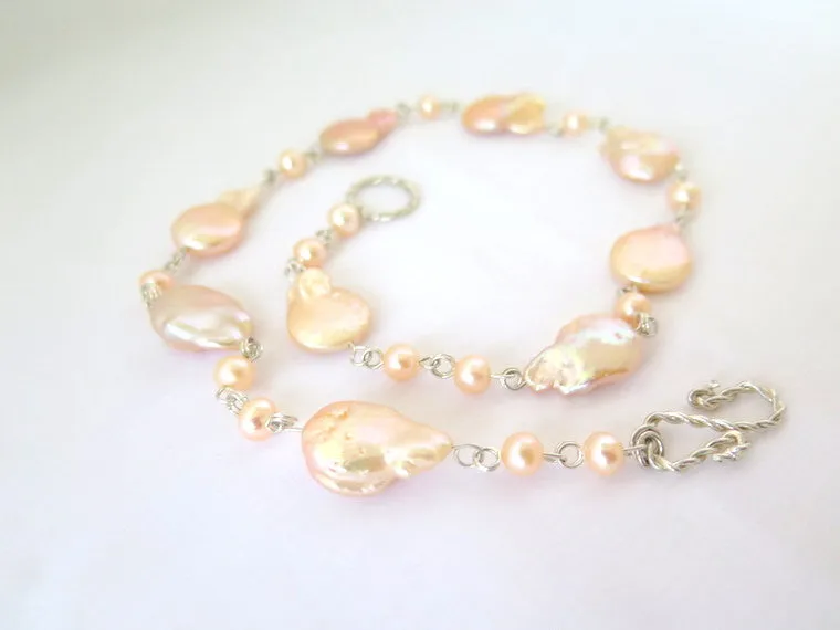 Peach baroque pearl strand, bridal jewelry