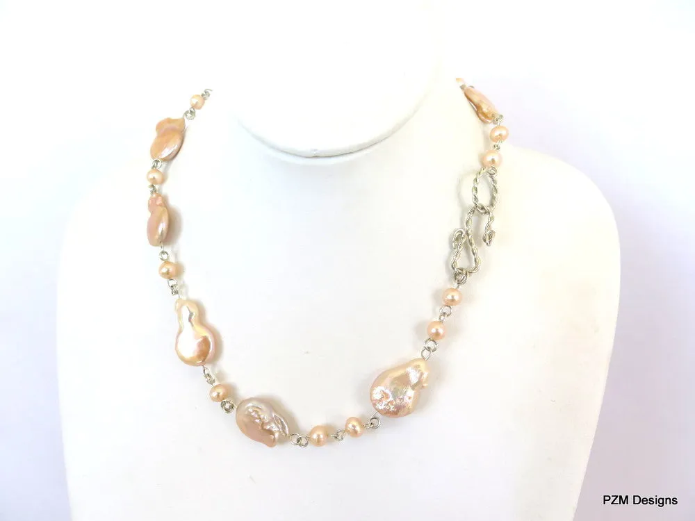 Peach baroque pearl strand, bridal jewelry