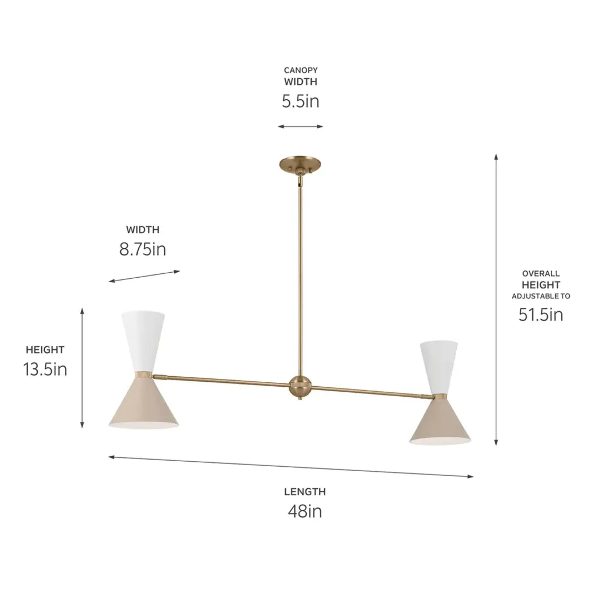 Phix 48" 4-Light Linear Chandelier with Metal Cone Shade, Champagne Bronze and Greige|White Finish