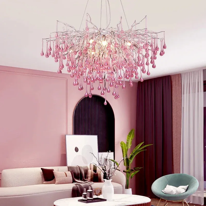 Pink Crystal Chandelier for Children's Room by Mansion - Luxury Water Drop Ceiling Decor