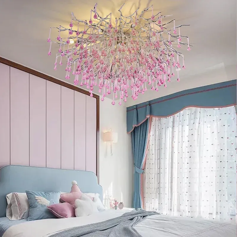 Pink Crystal Chandelier for Children's Room by Mansion - Luxury Water Drop Ceiling Decor