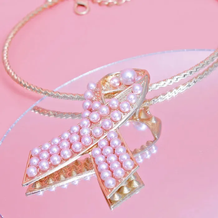 Pink Stone Cancer Ribbon Pendant Collar