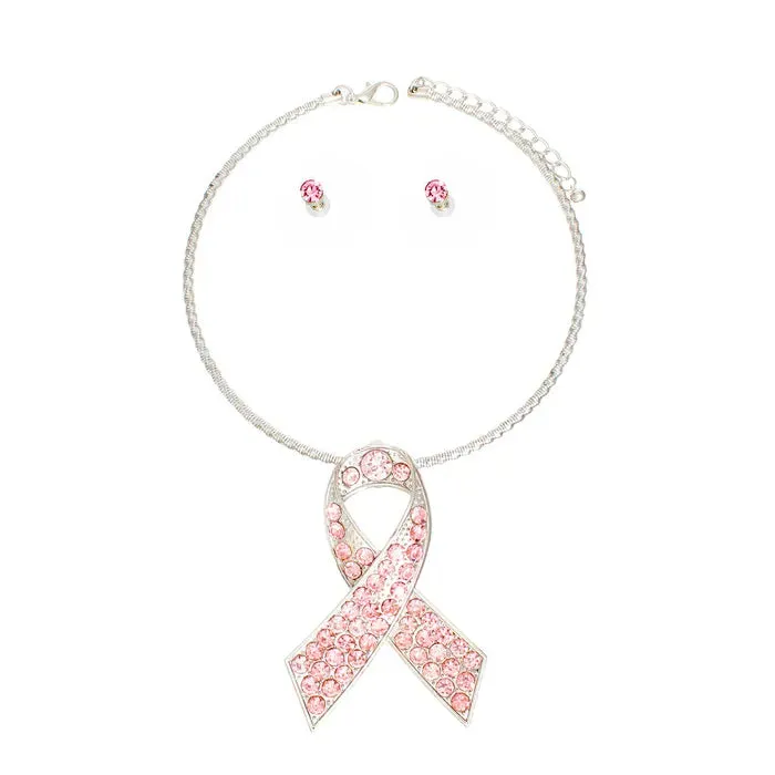 Pink Stone Cancer Ribbon Pendant Collar