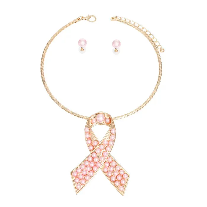 Pink Stone Cancer Ribbon Pendant Collar