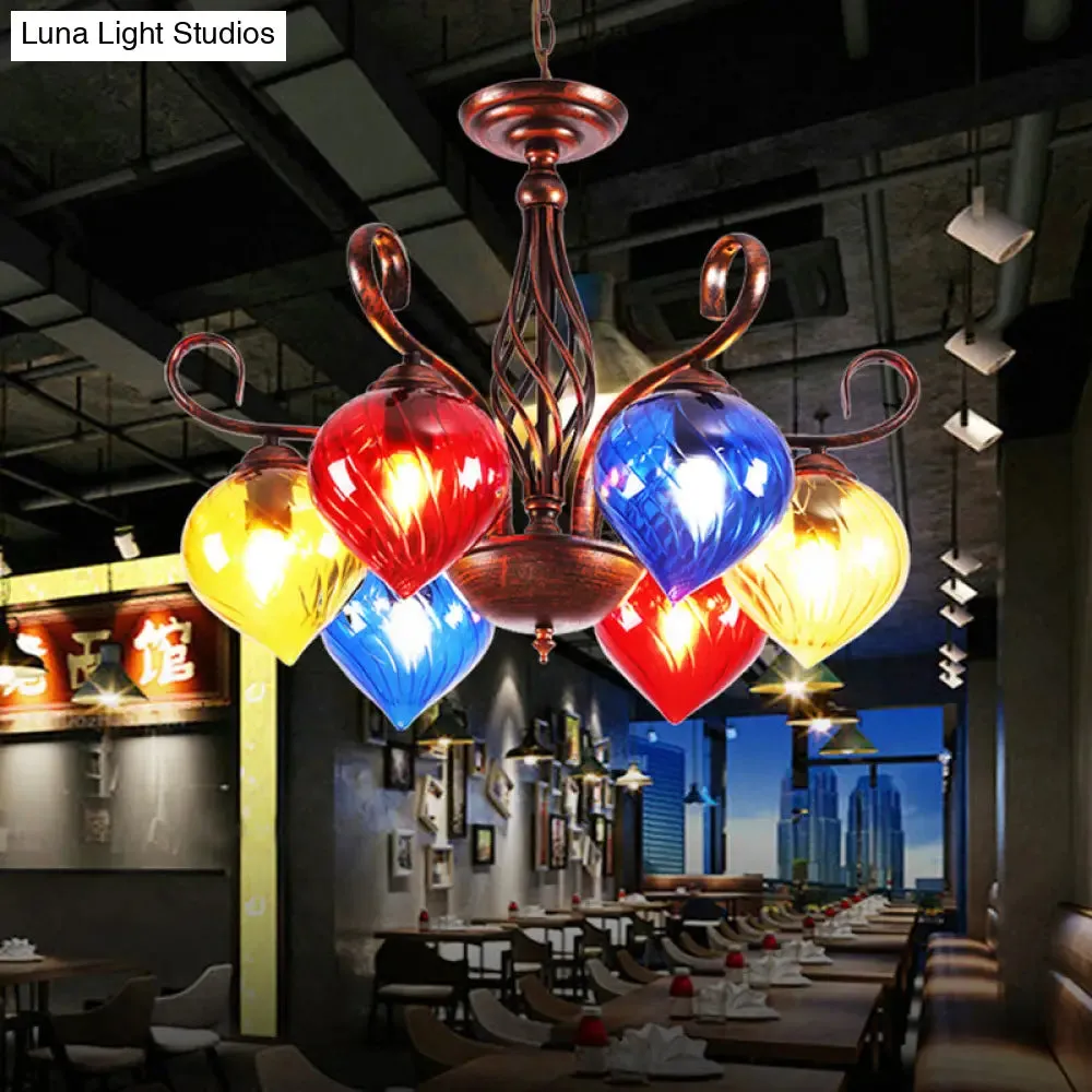 Red Brown Pine Chandelier Lamp - Antique 6-Head Colorful Glass Pendant Light