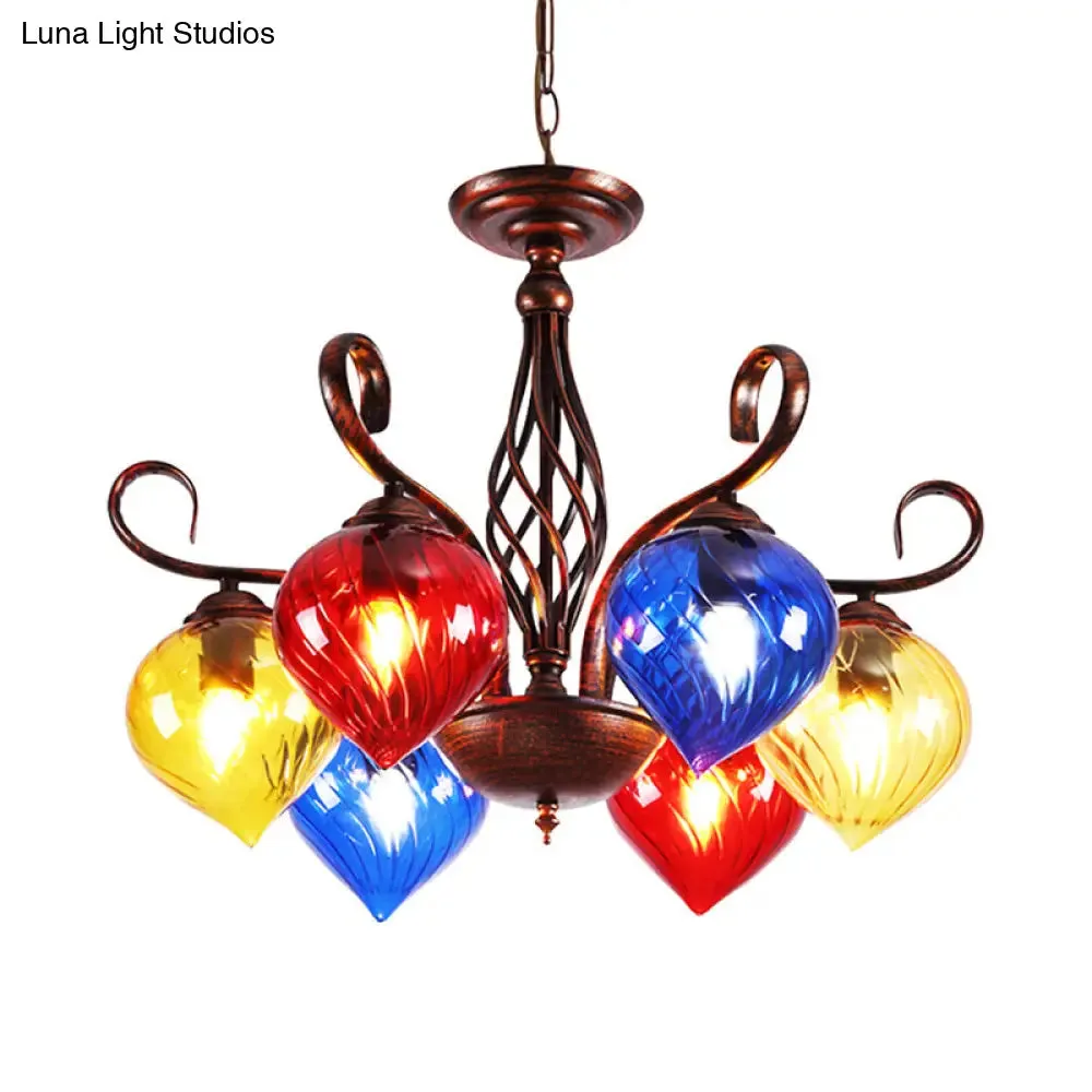 Red Brown Pine Chandelier Lamp - Antique 6-Head Colorful Glass Pendant Light