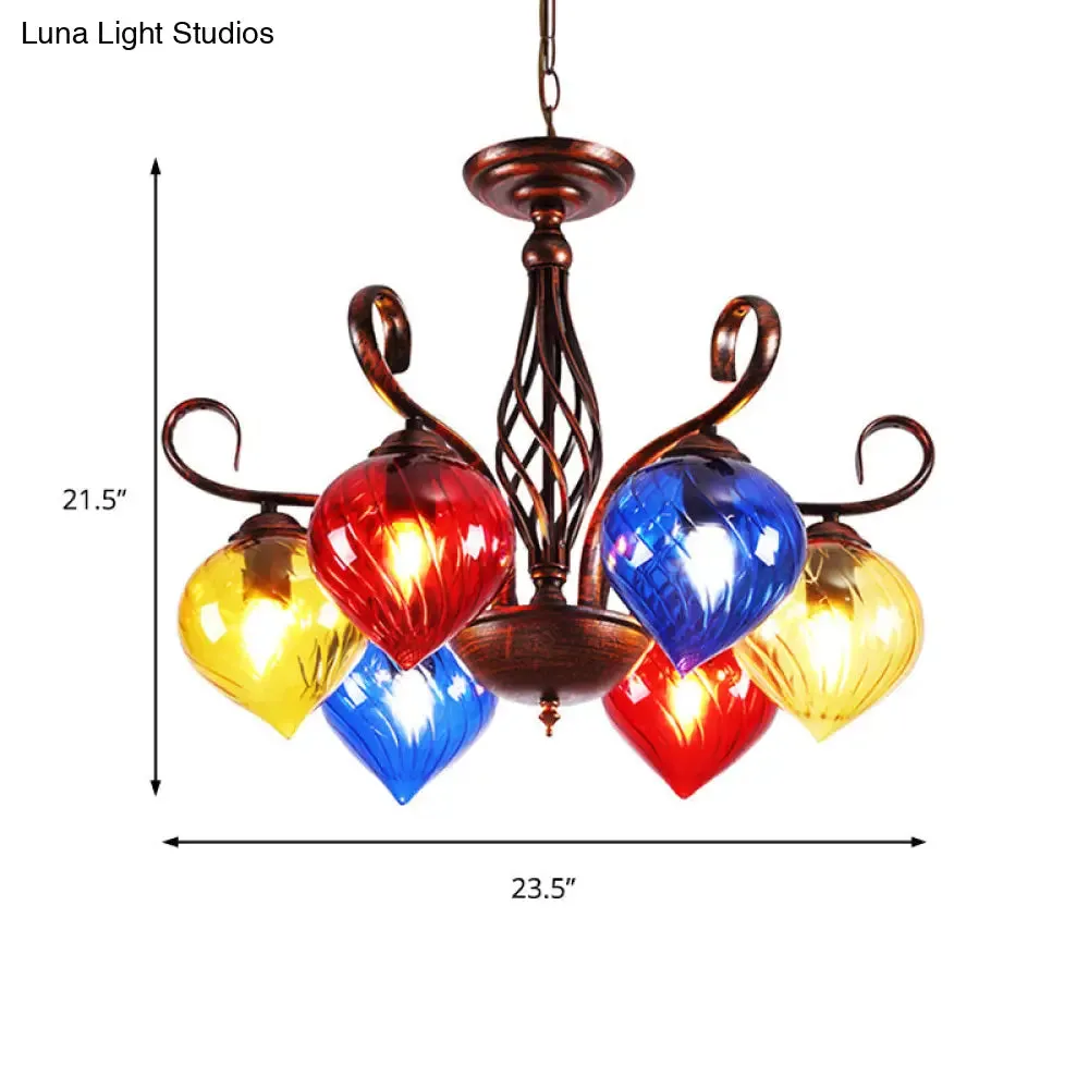 Red Brown Pine Chandelier Lamp - Antique 6-Head Colorful Glass Pendant Light