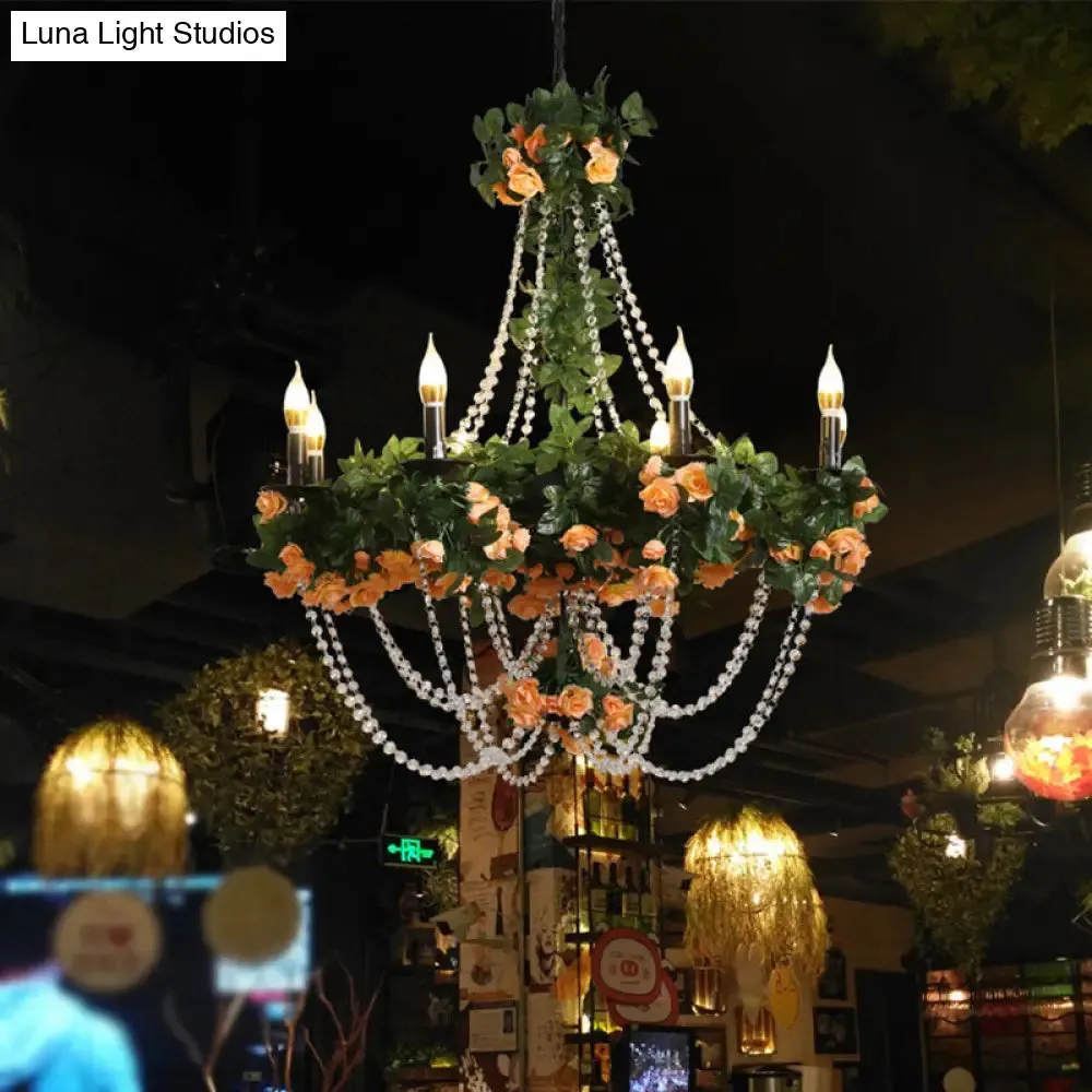 Retro Iron 8-Light Black Candle Chandelier with Crystal Accent - Restaurant Pendant Light