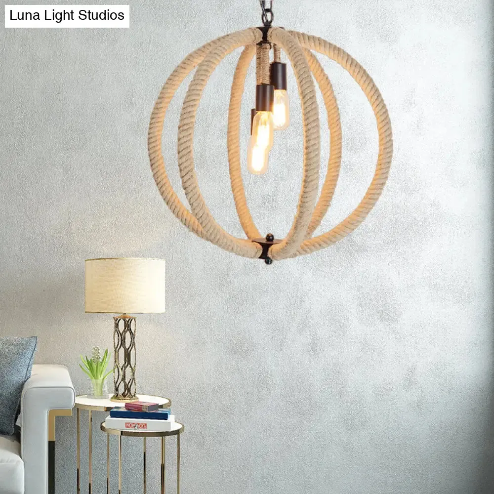 Retro Style Hemp Rope Hallway Chandelier - 3-Light Beige Ceiling Lamp