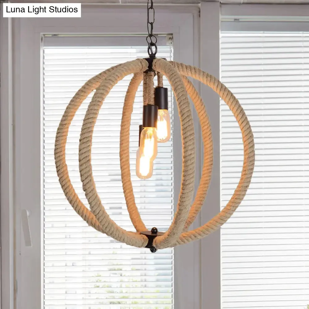 Retro Style Hemp Rope Hallway Chandelier - 3-Light Beige Ceiling Lamp