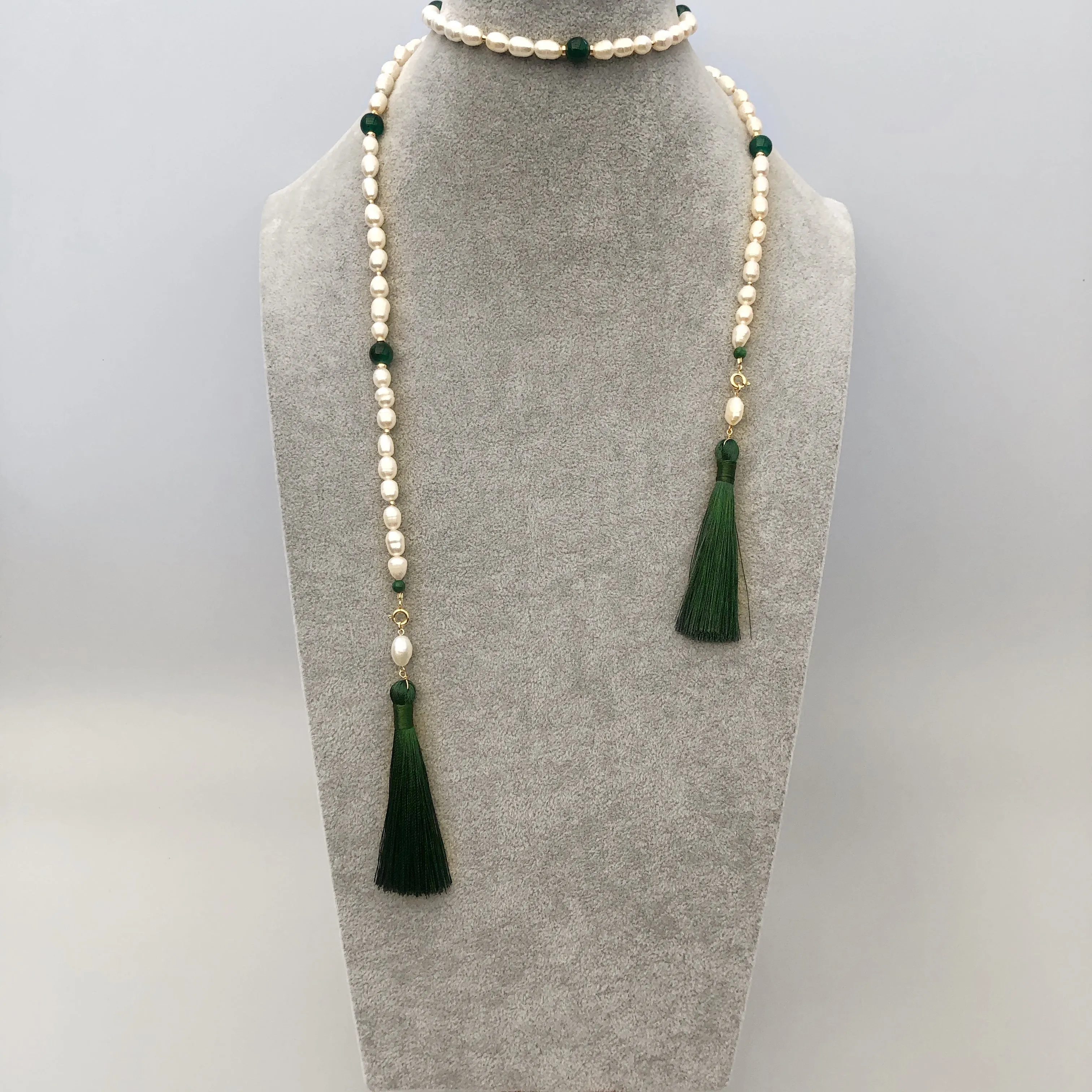 Return to Origin Beaded Pearl Lariat Necklace Set with Green Tassels