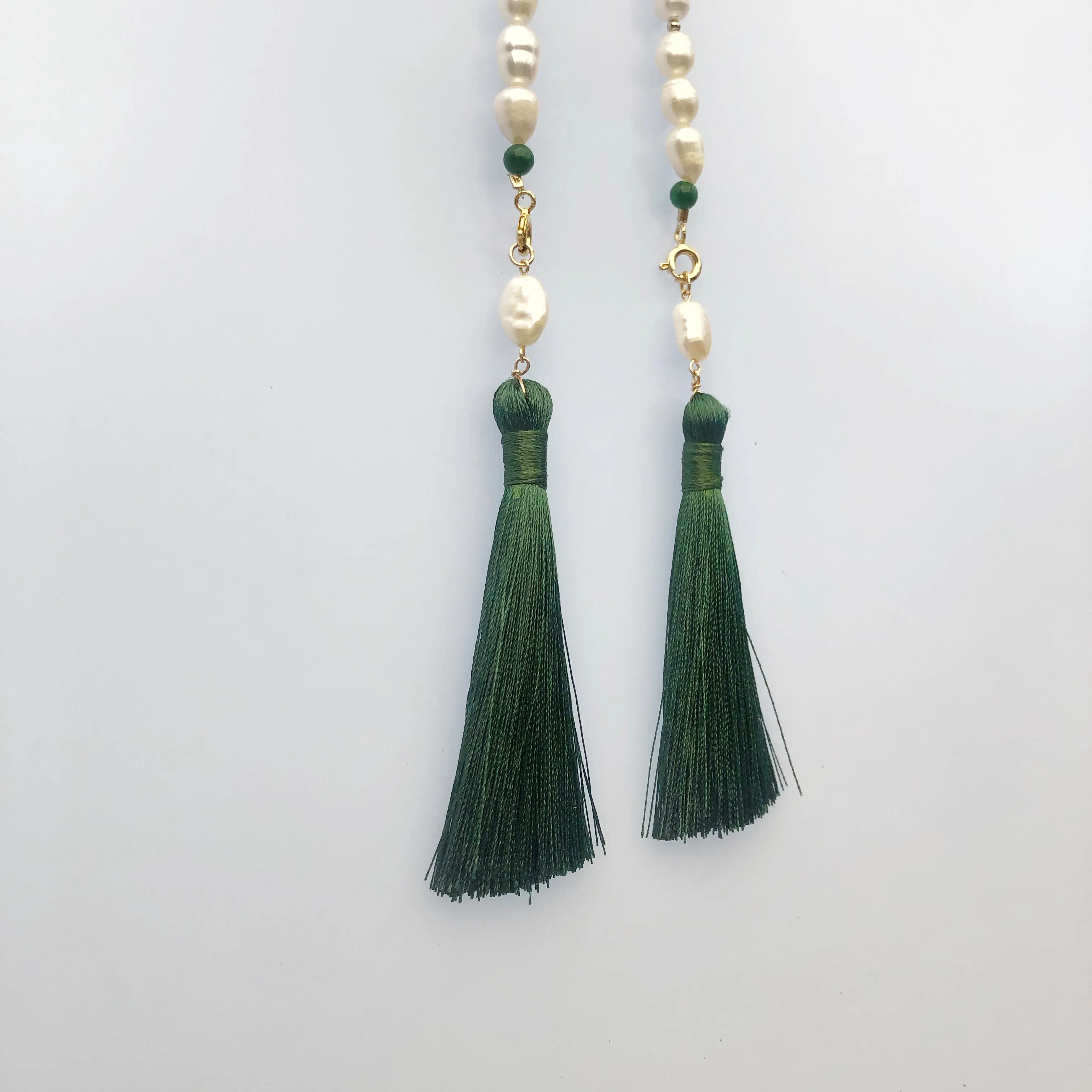 Return to Origin Beaded Pearl Lariat Necklace Set with Green Tassels