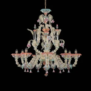 Rezzonico 9 Light Murano Glass Chandelier with Gold and Floral Details