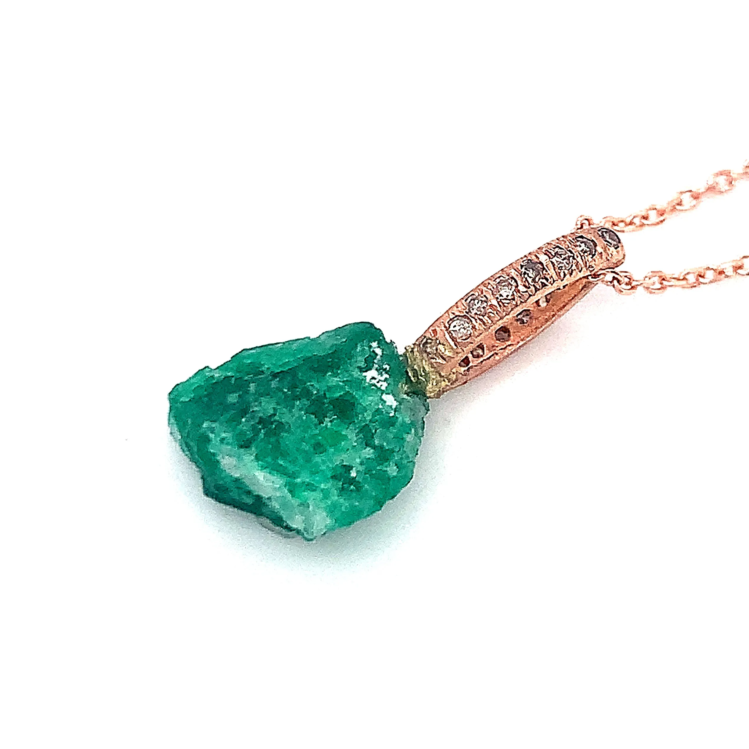 Rough Emerald, Diamond, & Rose Gold Pendant - "Esmeralda"