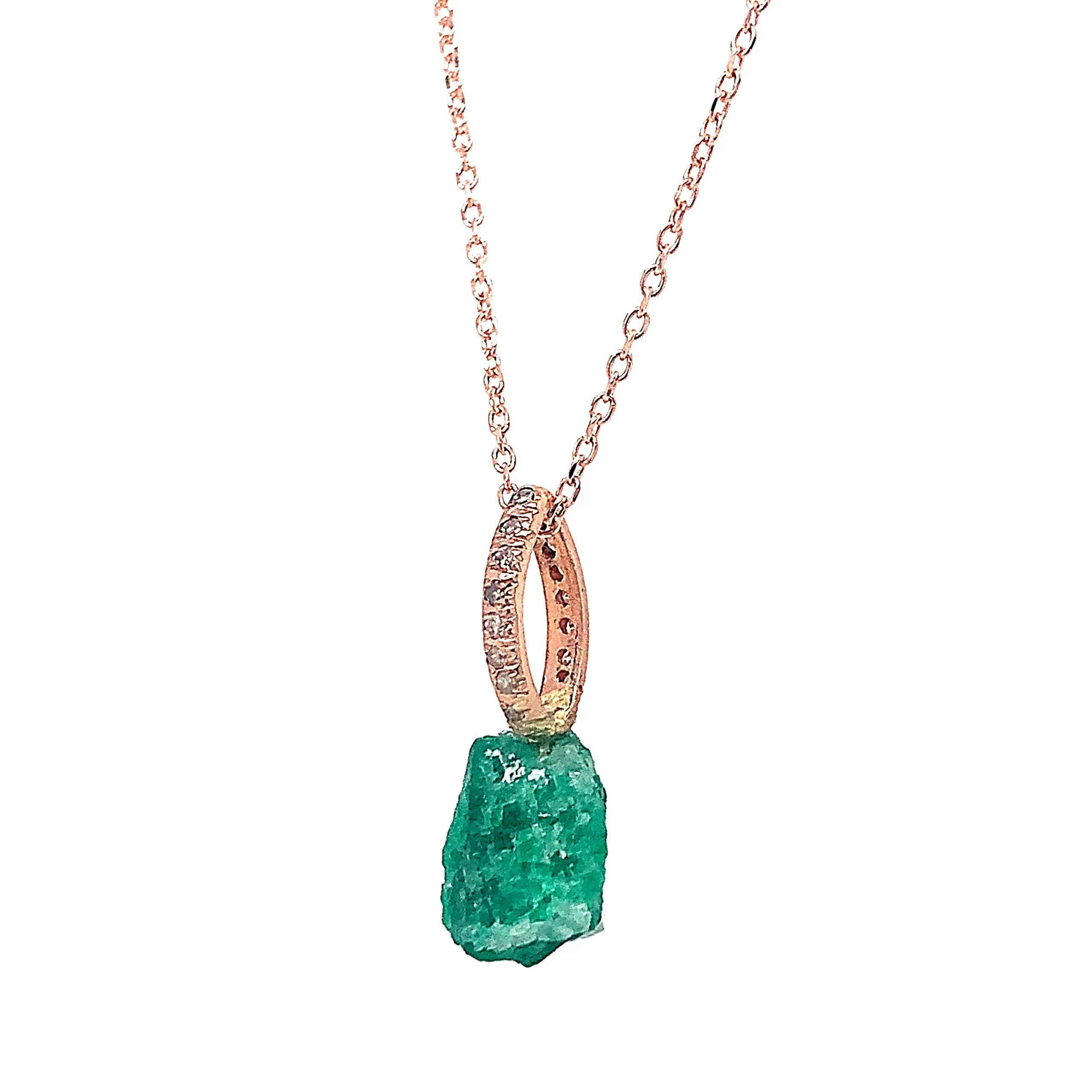 Rough Emerald, Diamond, & Rose Gold Pendant - "Esmeralda"