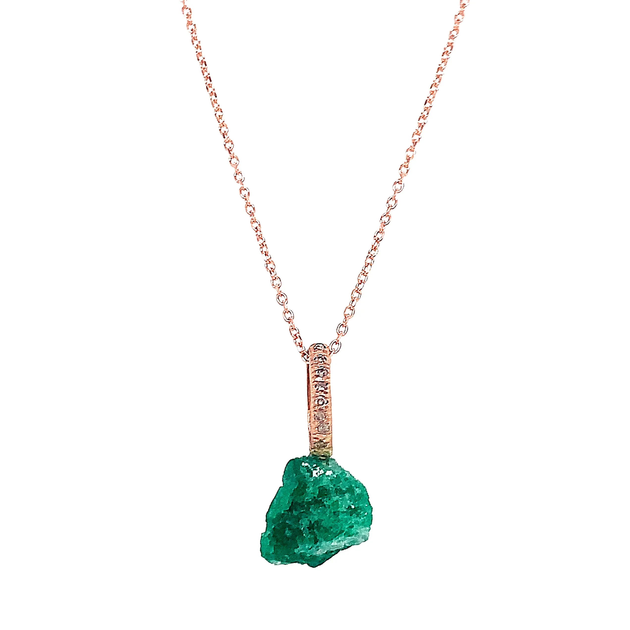 Rough Emerald, Diamond, & Rose Gold Pendant - "Esmeralda"