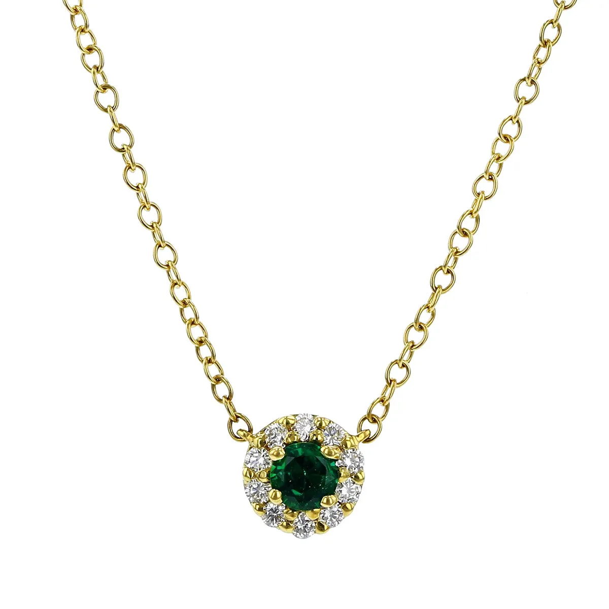 Round Emerald and Diamond Halo Pendant Necklace