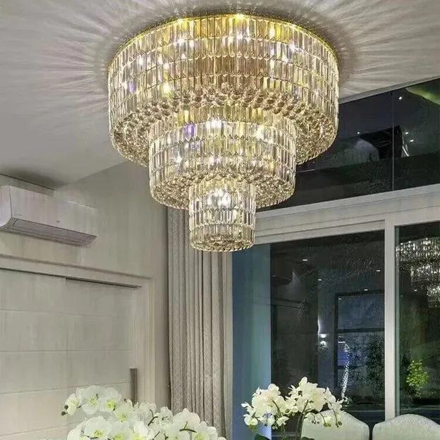 Rylight 3-Tier Gold Flush Mount Crystal Chandelier