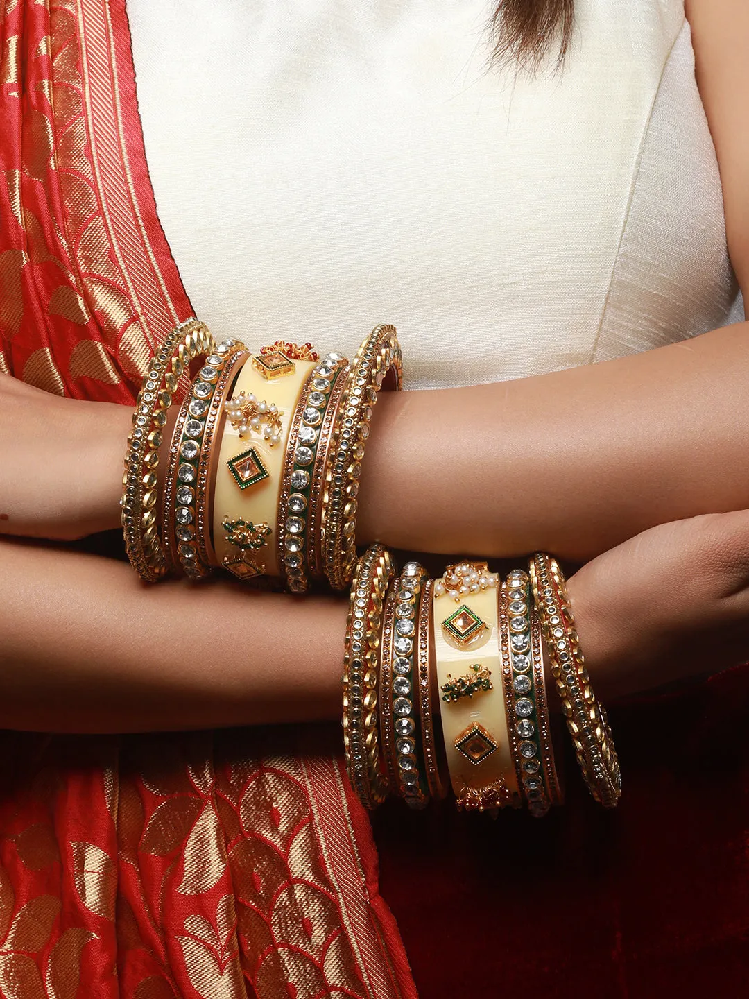 Set Of 18 Gold Plated Stones & Beads-Studded Bangle Set