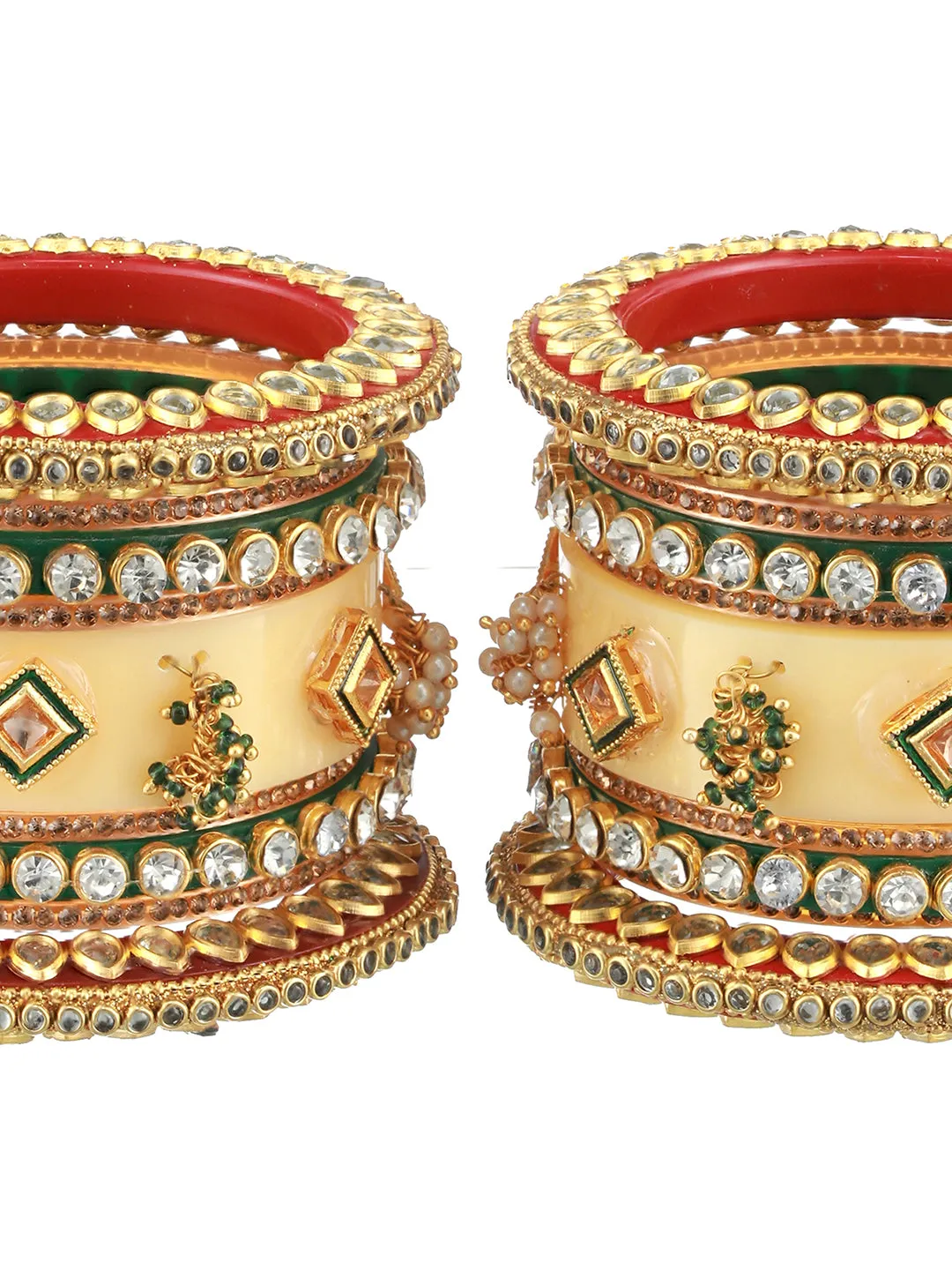 Set Of 18 Gold Plated Stones & Beads-Studded Bangle Set