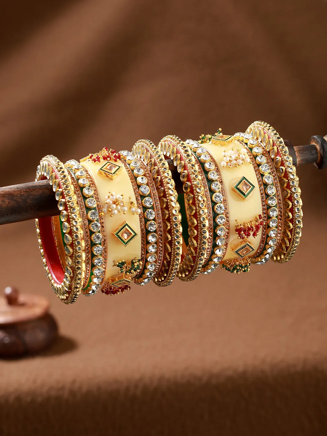 Set Of 18 Gold Plated Stones & Beads-Studded Bangle Set