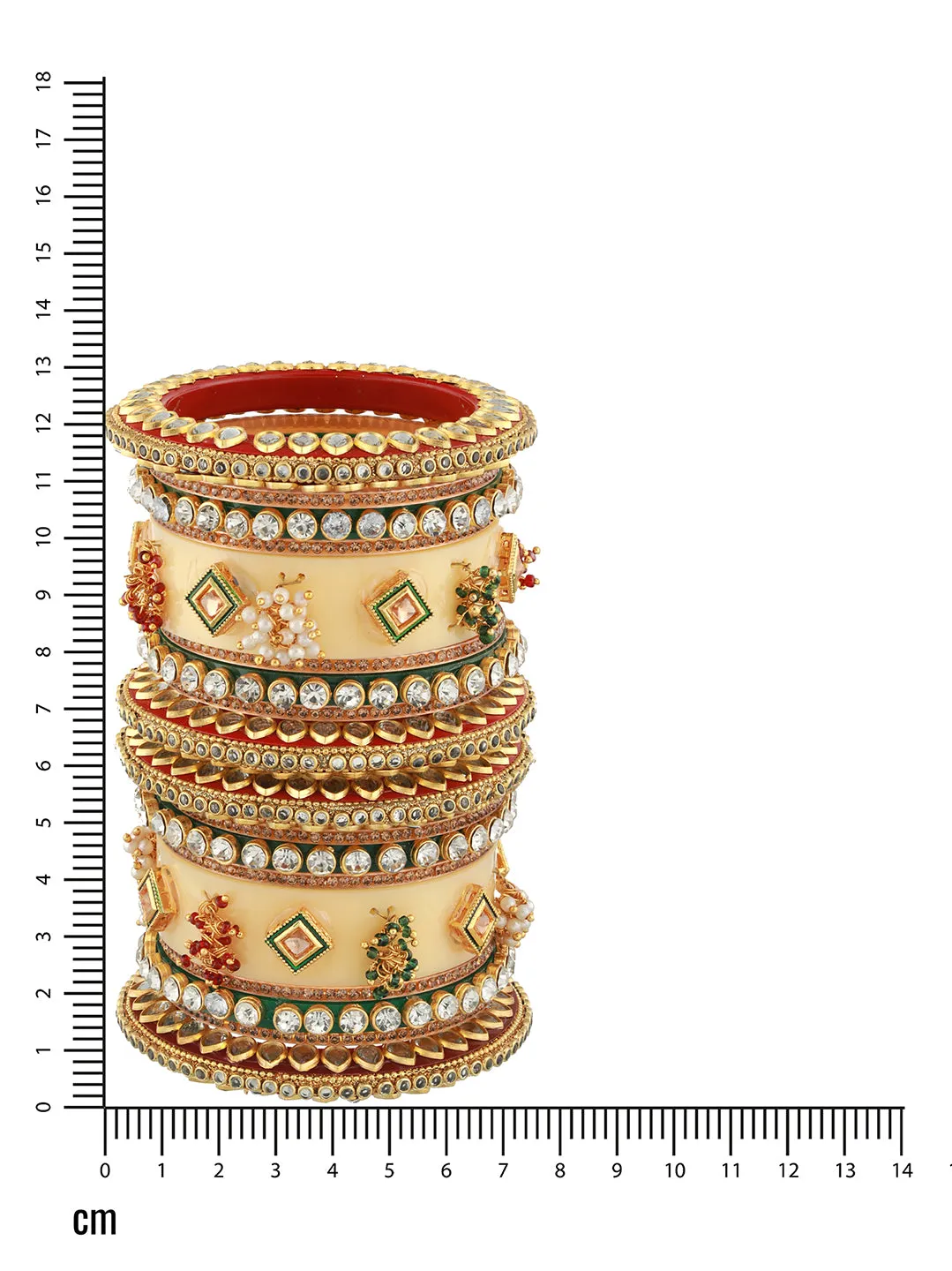 Set Of 18 Gold Plated Stones & Beads-Studded Bangle Set