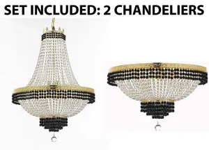 Set of 2-1 French Empire Crystal Chandelier Lighting Trimmed w/Jet Black Crystal! H30" X W24" and 1 Flush French Empire Crystal Chandelier Trimmed with Jet Black Crystal! H18" X W24" - B79/CG/870/9   B79/CG/FLUSH/870/9