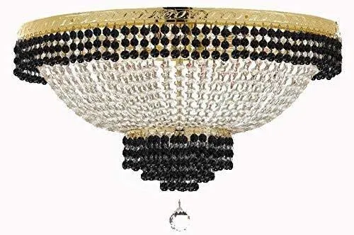 Set of 2-1 French Empire Crystal Chandelier Lighting Trimmed w/Jet Black Crystal! H30" X W24" and 1 Flush French Empire Crystal Chandelier Trimmed with Jet Black Crystal! H18" X W24" - B79/CG/870/9   B79/CG/FLUSH/870/9