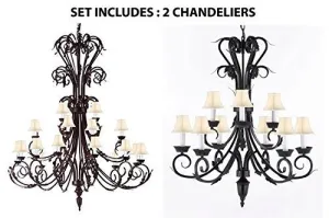 Set Of 2 - 1-Wrought Iron Chandelier 50" Inches Tall With White Shades H50" X W30" And 1-Wrought Iron Chandelier With White Shades H 30" W 26" 9 Lights - 1Ea-Sc/724/24 1Ea-Sc/724/6 3-Whtshd