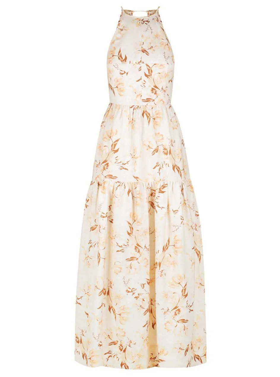 Shona Joy Roxane Open Back Tiered Midi Dress in Blush/Multi